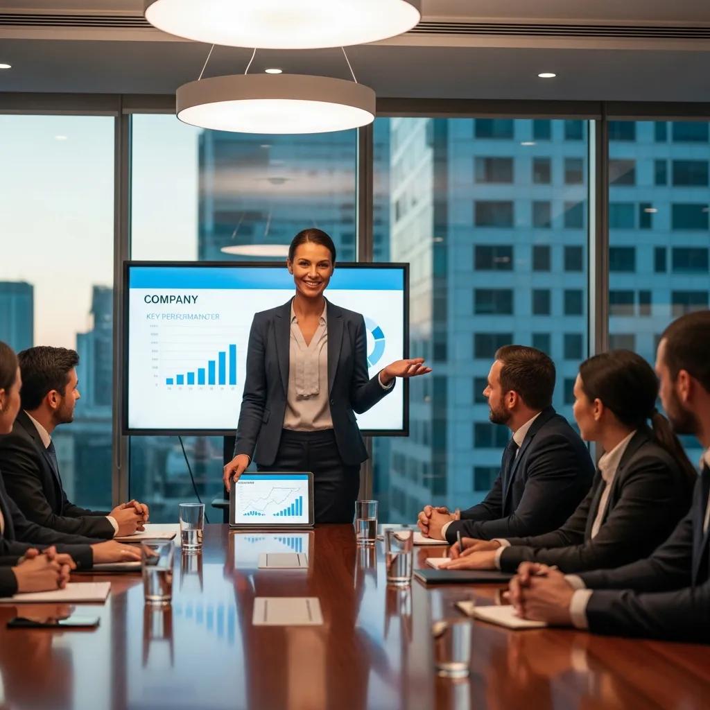 Confident leader presenting in a boardroom, demonstrating executive presence and engagement